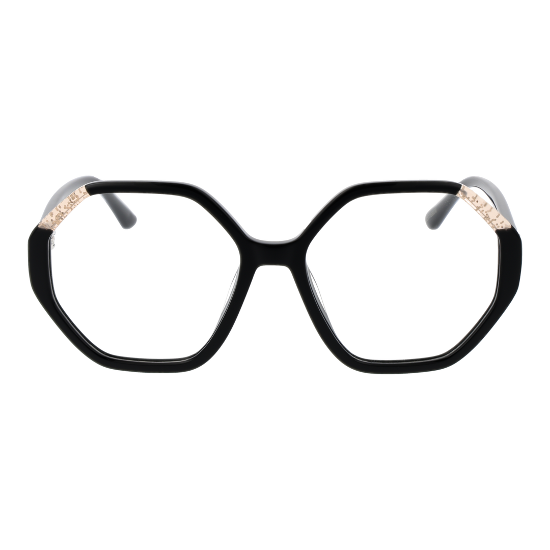 Black hexagonal eyeglasses with gold corner accents and small gold &