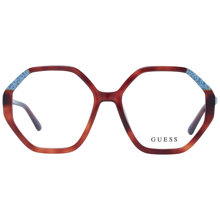 Brown hexagonal eyeglasses with blue temple accents, transparent lenses and logo detailing, plastic frame for Women