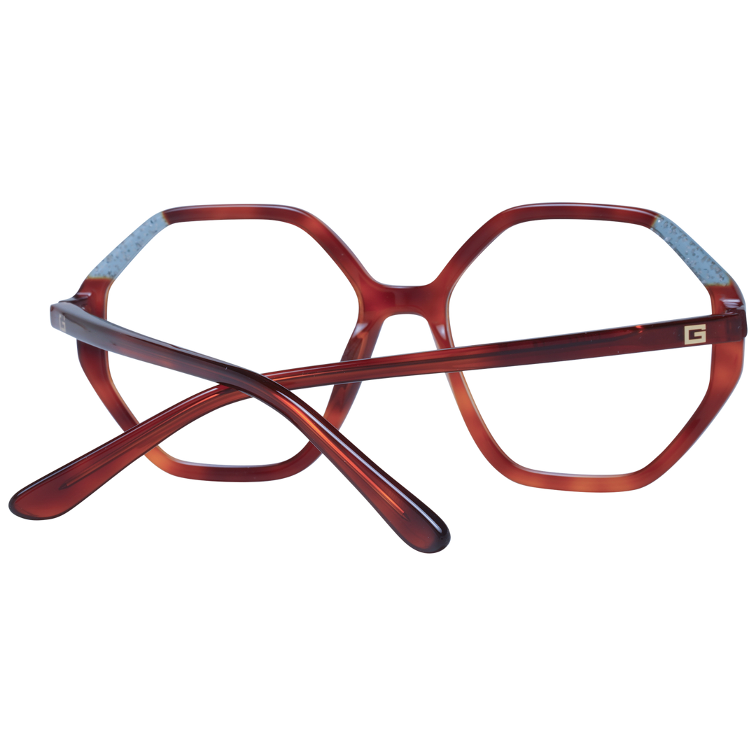 Brown hexagonal eyeglasses with blue temple accents, transparent lenses and logo detailing, plastic frame for Women