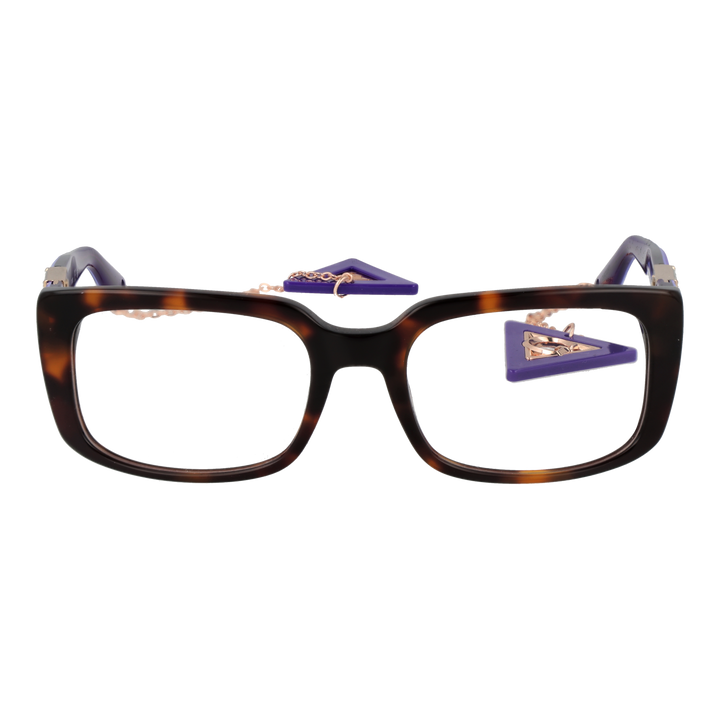 Tortoise brown square eyeglasses with gold triangle logos and decorative metal chain on temples