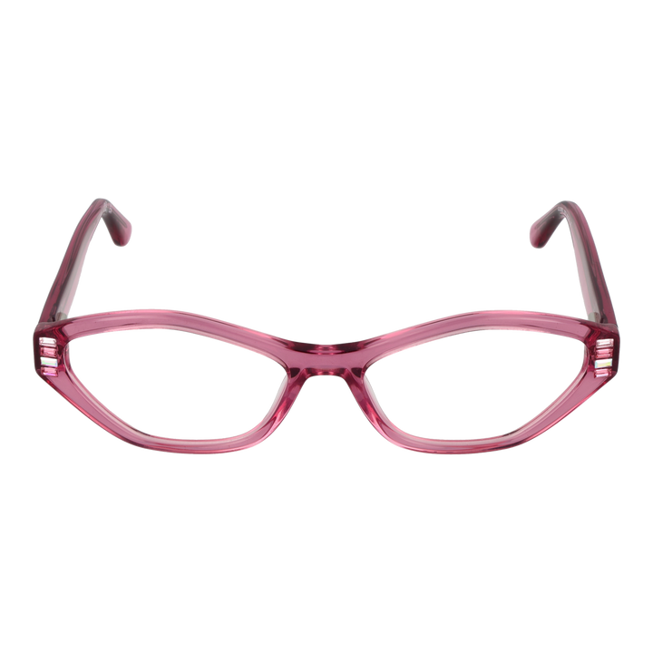 Transparent pink cat-eye eyeglasses in plastic with decorative side accents on neutral background
