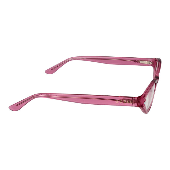 Transparent pink cat-eye eyeglasses in plastic with decorative side accents on neutral background