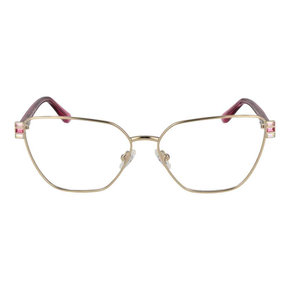 Gold rectangular eyeglasses with pink accents and decorative stones on the corners, metal frame and plastic arms