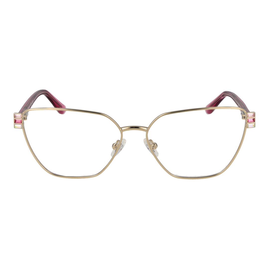 Gold rectangular eyeglasses with pink accents and decorative stones on the corners, metal frame and plastic arms