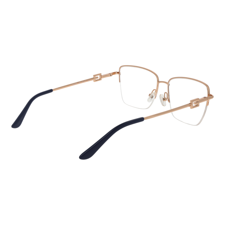 Unisex gold thin metal rectangular eyeglasses with clear lenses and decorative hinge, shown front angle on white background