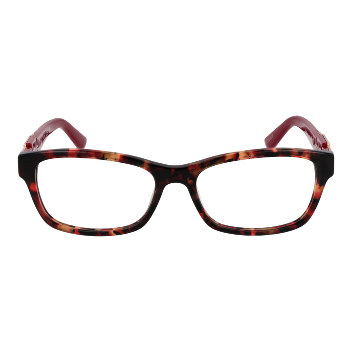 Tortoise shell rectangular eyeglasses for Women with red temples and gold-tone metal temple accents