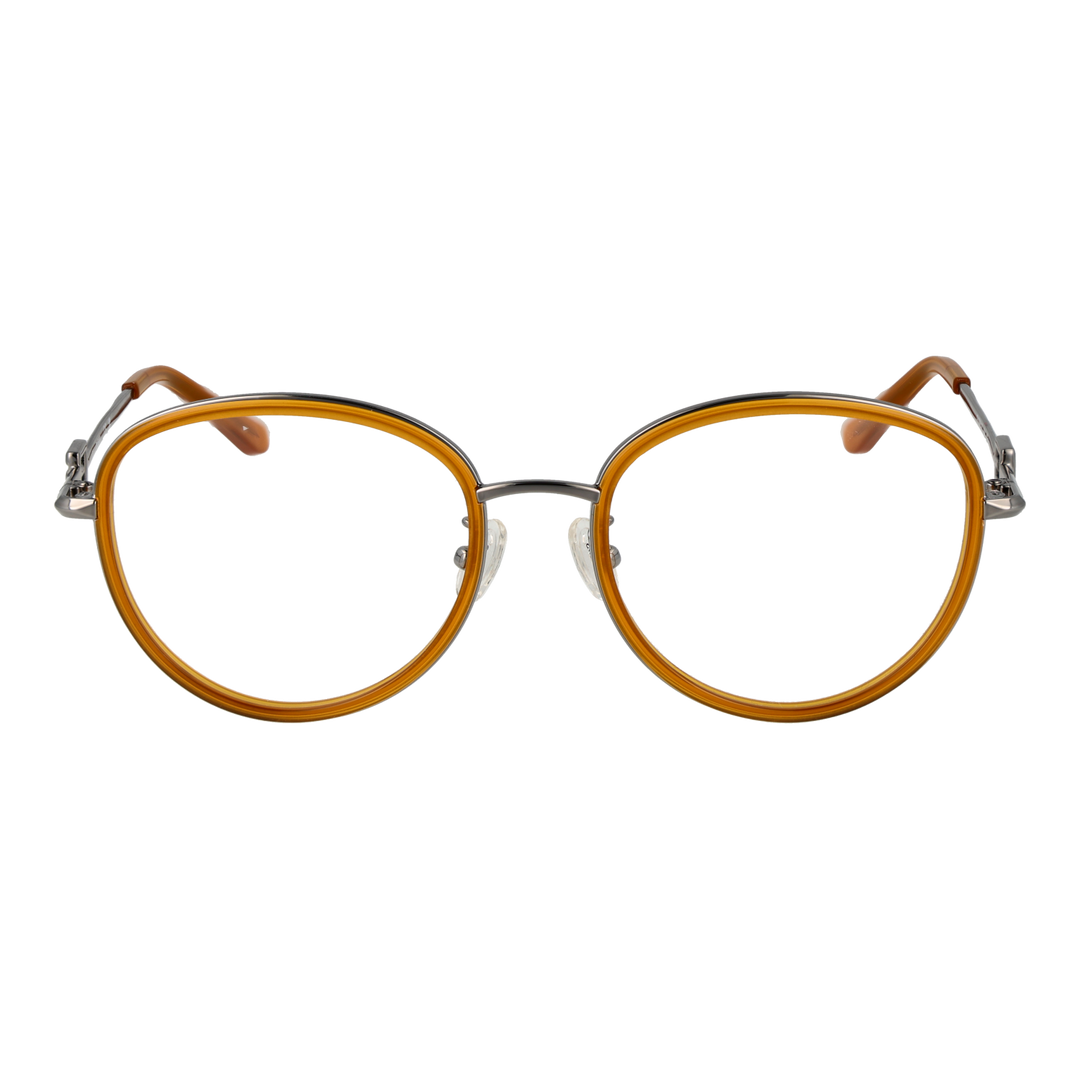 Unisex orange and silver retro round eyeglasses with metal temples and plastic tips on white background
