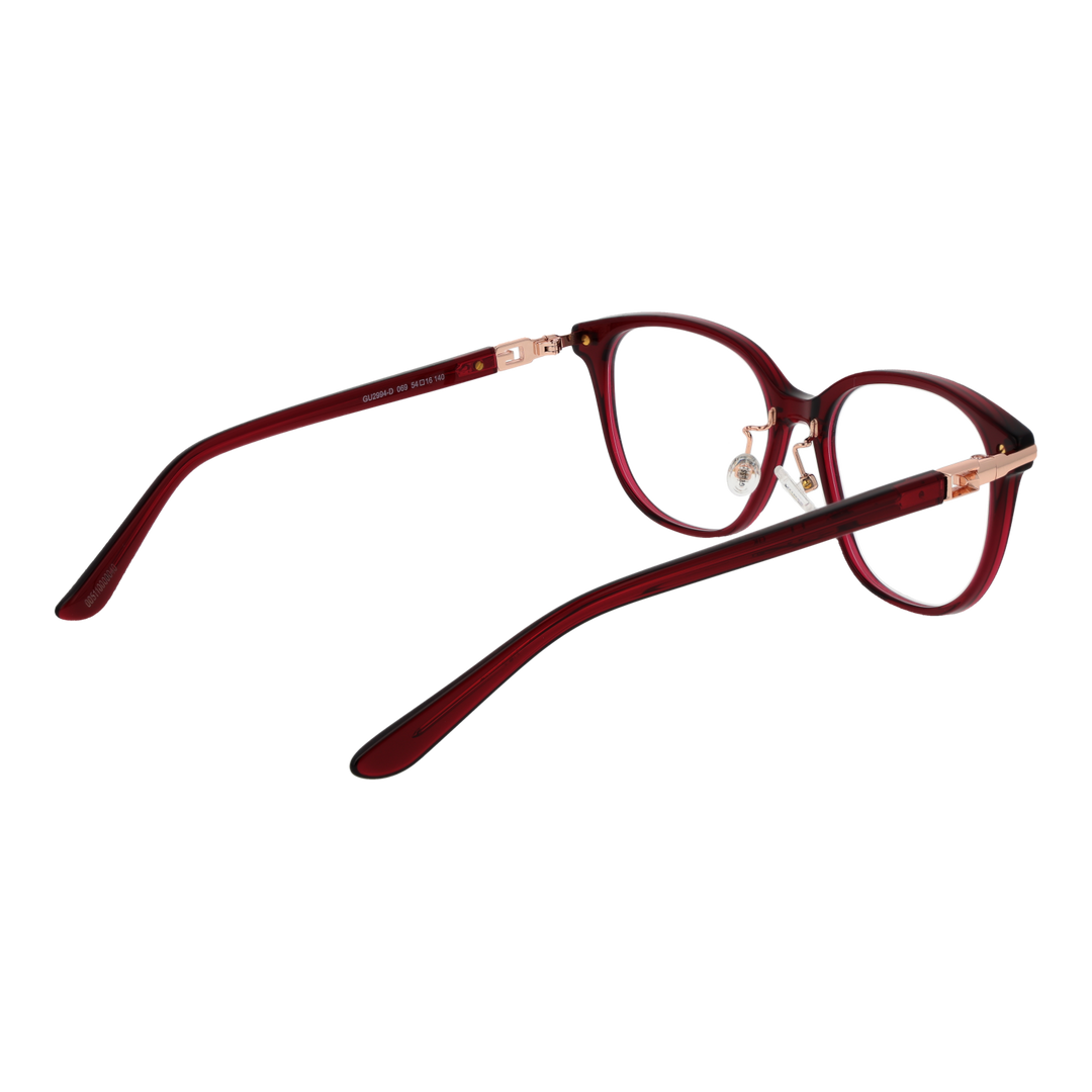 Dark red square plastic eyeglasses for Women with clear nose pads and metallic hinge accents