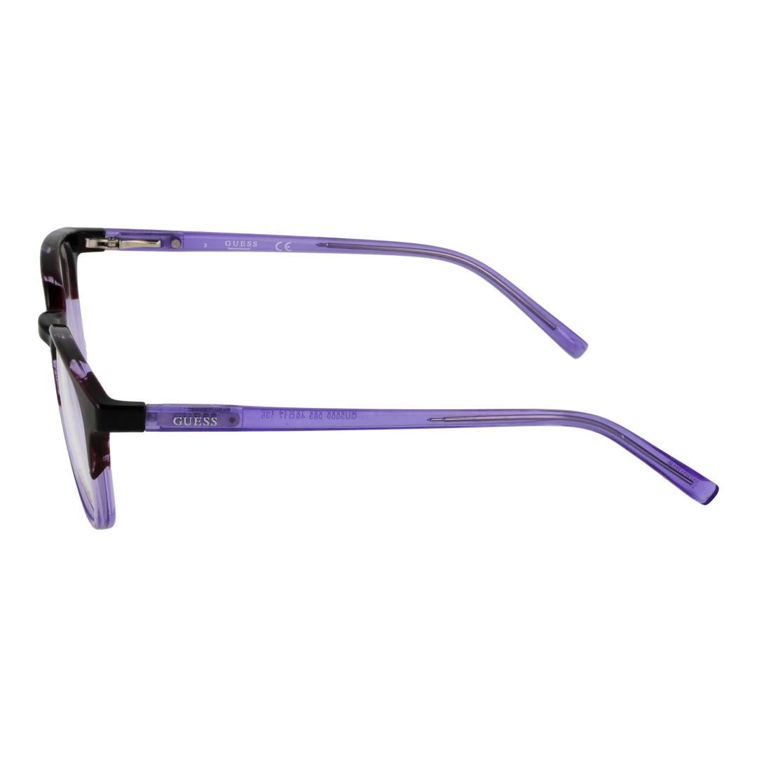 Guess eyeglasses for Women in black and purple full-rim plastic with rectangular lenses on neutral background