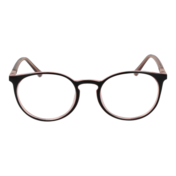 Black and brown plastic round eyeglasses with thin frame and transparent inner rim shown front view