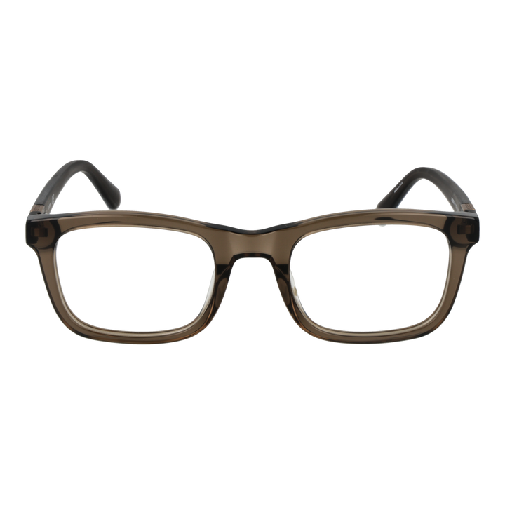 Transparent brown plastic rectangular eyeglasses with metal triangle detail on temples, Unisex modern style