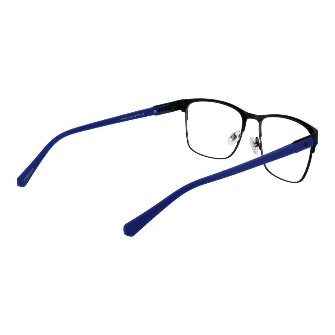 Unisex black and blue rectangular full-rim eyeglasses with thin metal frame and nose pads on white background