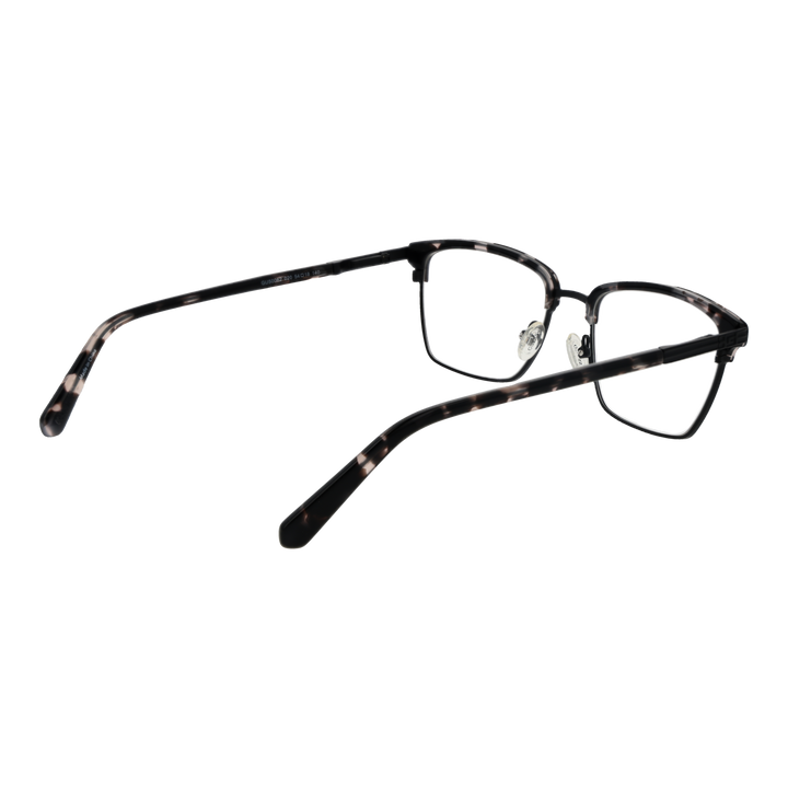 Unisex black and gray tortoiseshell rectangular eyeglasses with thin full-rim frame and patterned temples on white background