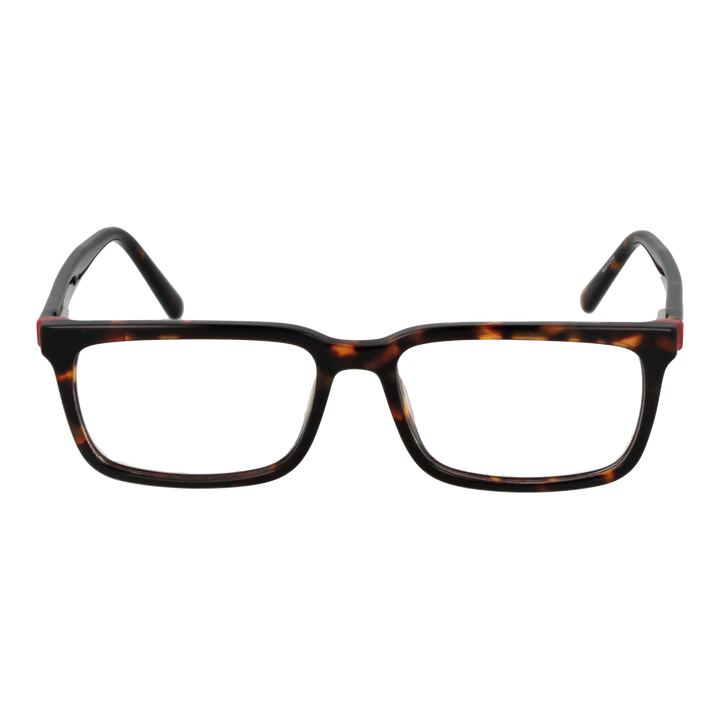 Unisex tortoiseshell rectangular eyeglasses in brown and black pattern, gold logo on temples, full-rim plastic frame.