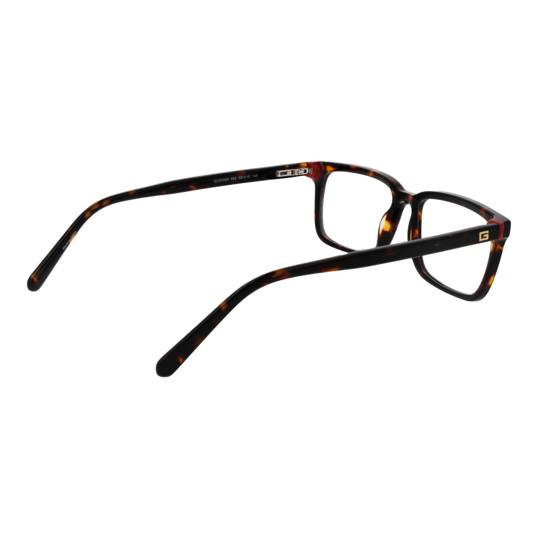 Unisex tortoiseshell rectangular eyeglasses in brown and black pattern, gold logo on temples, full-rim plastic frame.