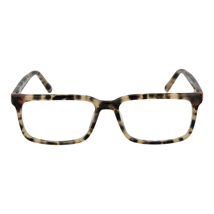 Unisex tortoise shell full-rim eyeglasses with rectangular lenses and small orange hinge accent, black and beige tones