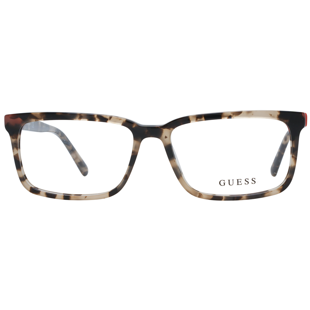 Unisex tortoiseshell rectangular eyeglasses in brown beige black with red temple accent and Guess &