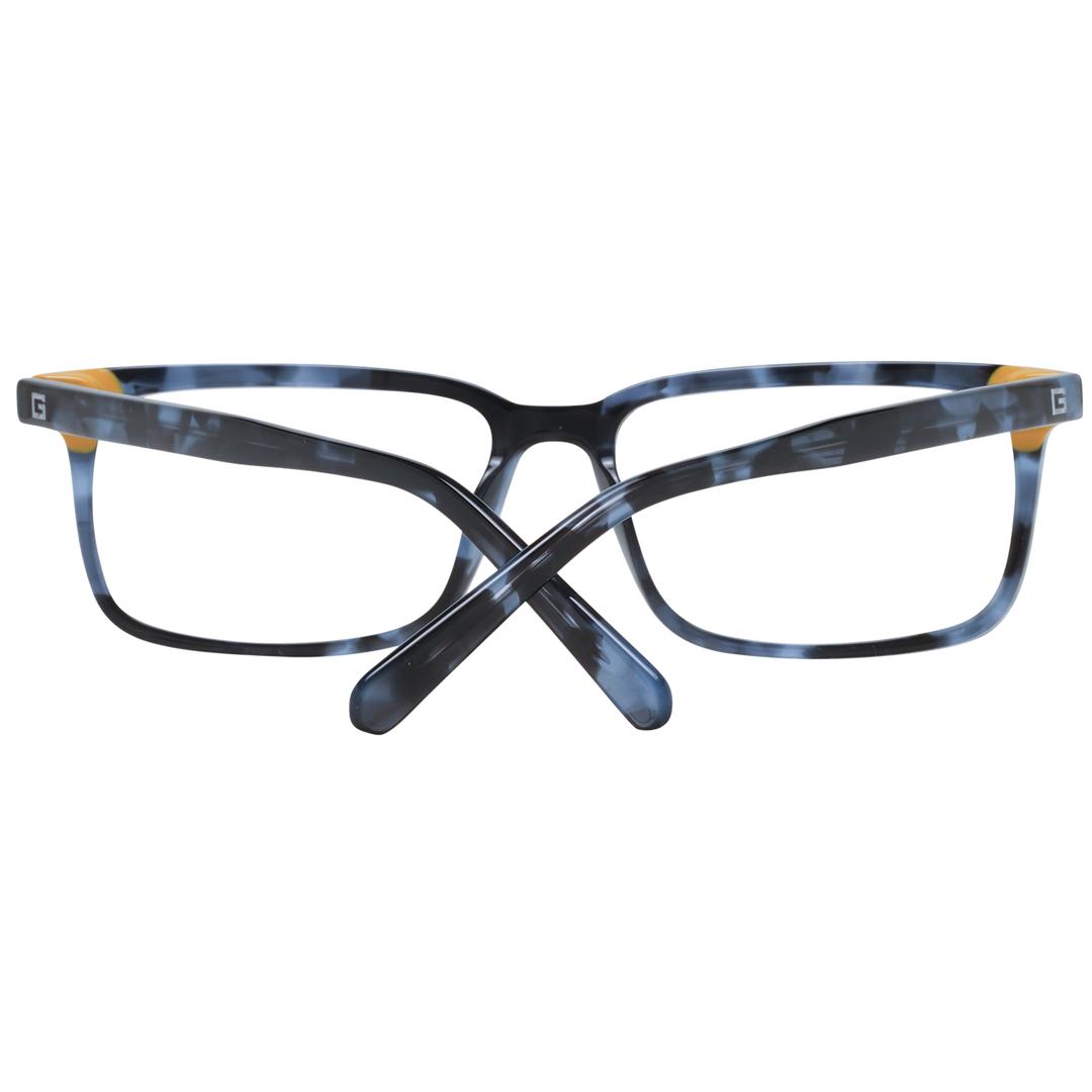 Unisex black and gray tortoiseshell full-rim rectangular eyeglasses with small yellow temple accent, logo on temple