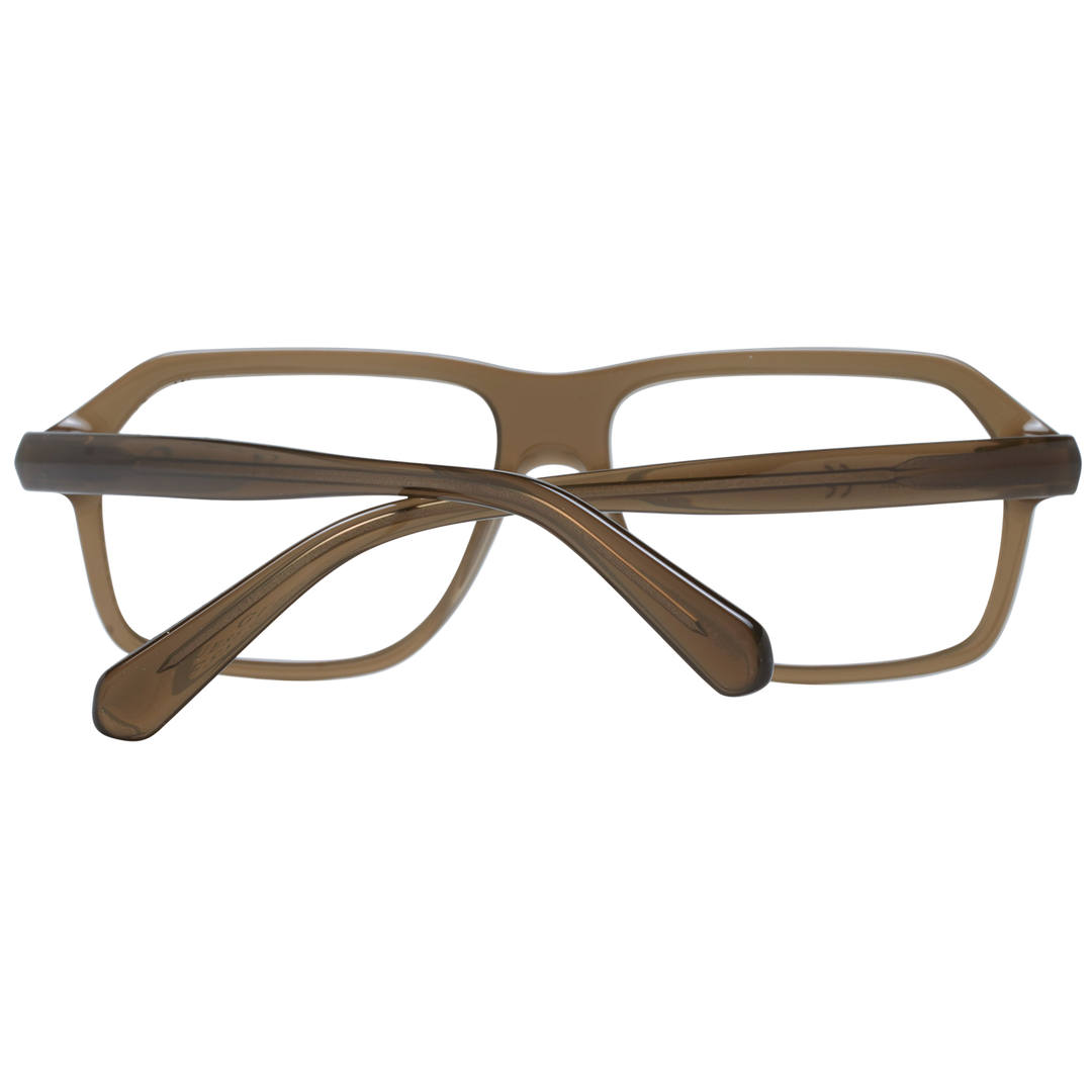 Unisex brown plastic full-rim rectangular eyeglasses on neutral background, modern clean silhouette