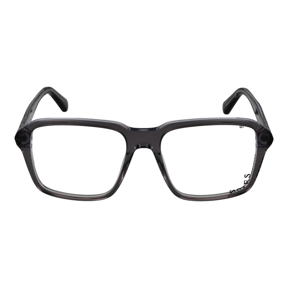 Unisex transparent plastic full-rim rectangular eyeglasses in gray, modern slender temples on neutral background