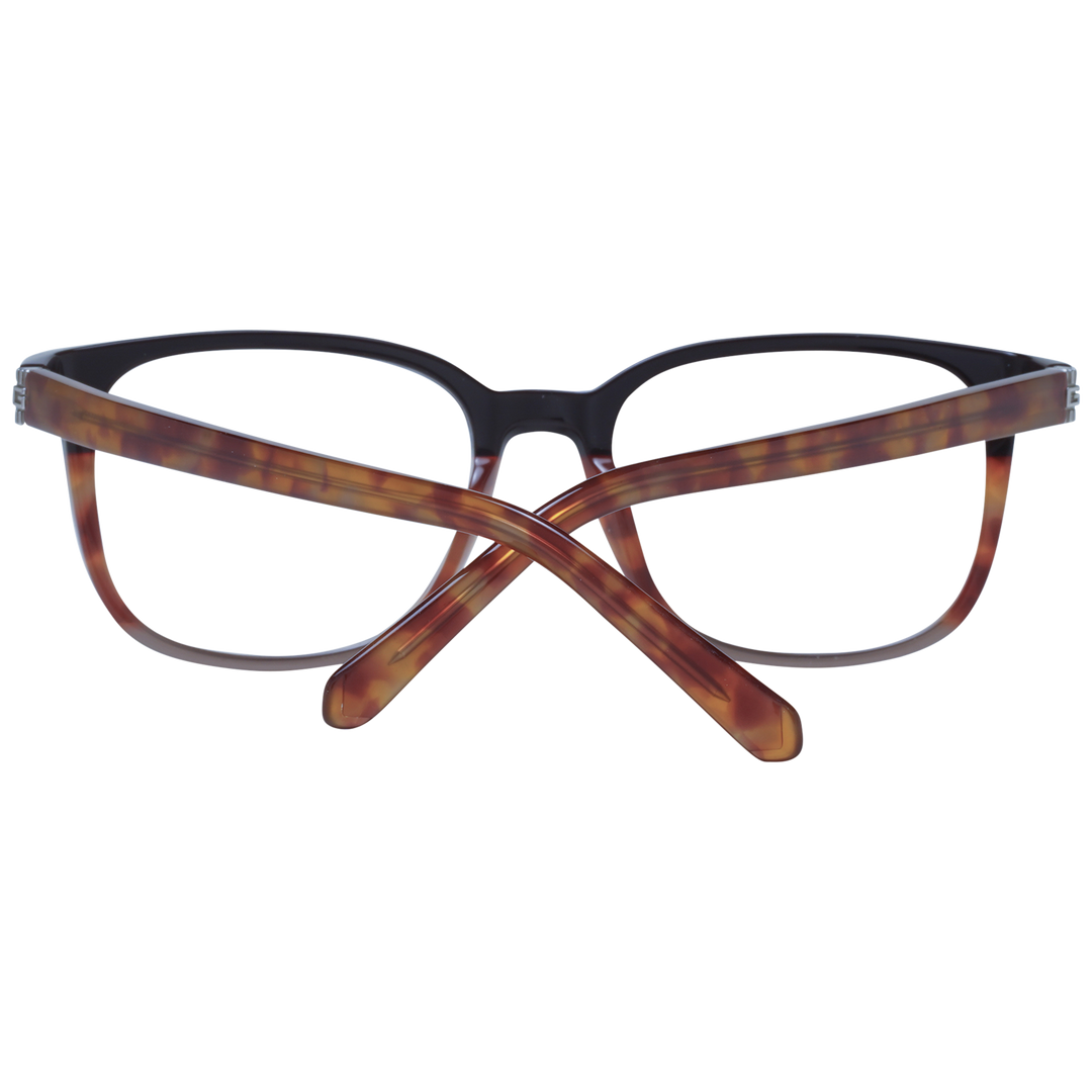 Unisex two-tone black and tortoiseshell rectangular eyeglasses in plastic with metal hinge detail on neutral background