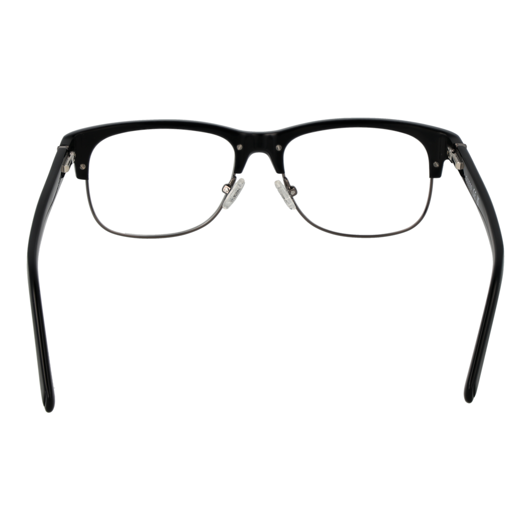 Black and silver semi-rimless eyeglasses with rectangular lenses, plastic upper frame and metal lower rim