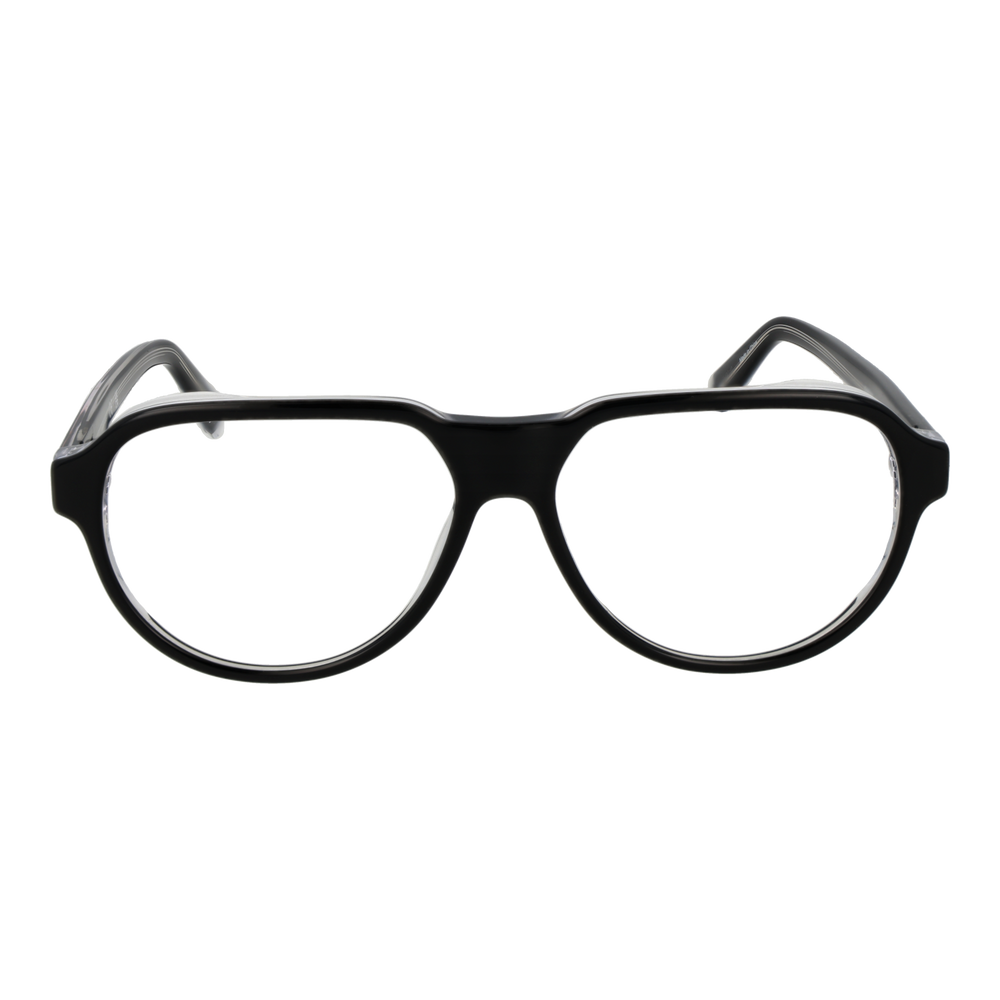 Unisex black full-rim rectangular eyeglasses with clear transparent temple accents and rounded edges