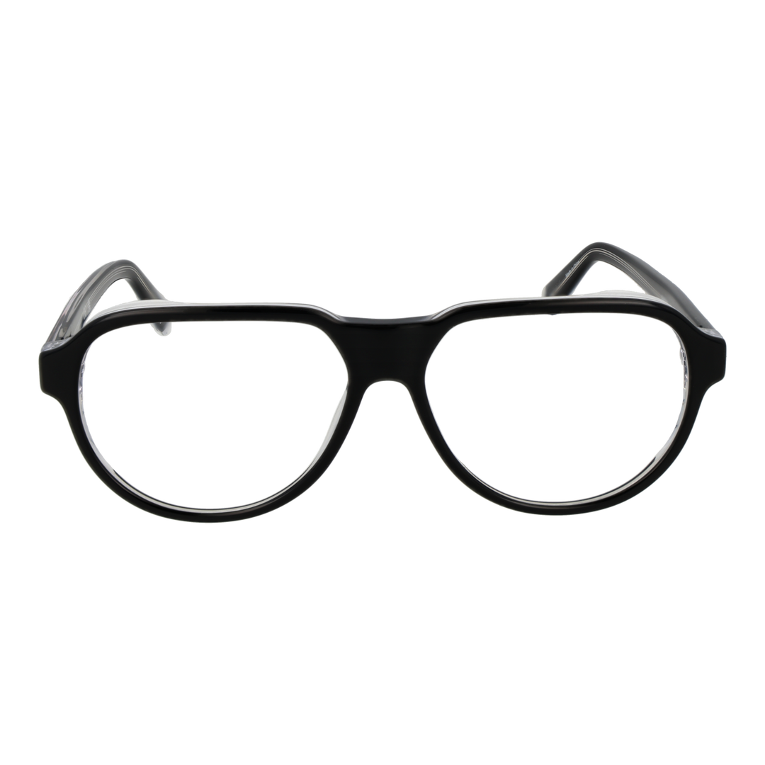 Unisex black full-rim rectangular eyeglasses with clear transparent temple accents and rounded edges
