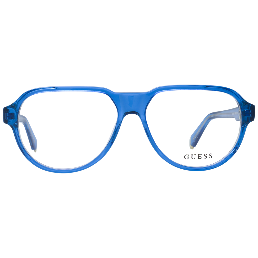 Unisex transparent blue plastic rectangular eyeglasses with logo on lens and temple, modern minimal design