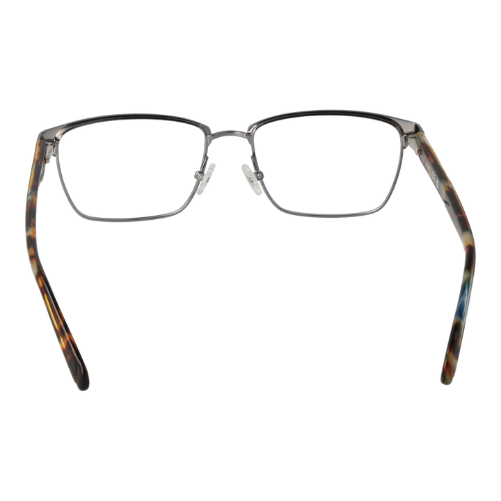 Unisex semi-rimless eyeglasses in gunmetal front with tortoiseshell patterned plastic temples, rectangular lenses, nose pads