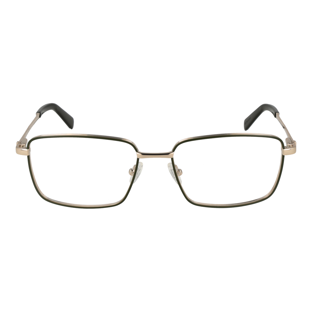Unisex gold metal rectangular eyeglasses with thin frame, black temple tips, and adjustable nose pads