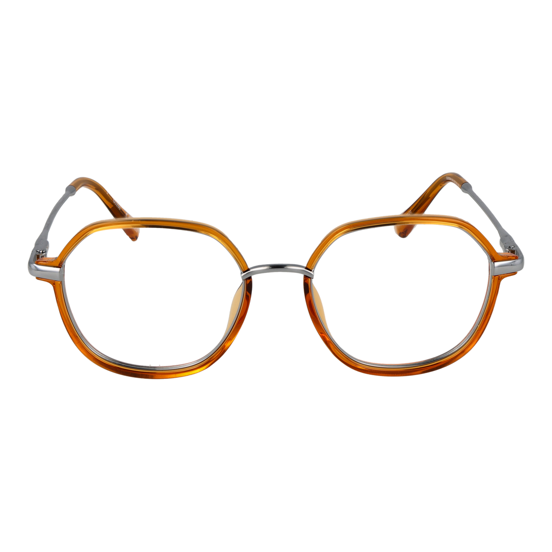 Unisex amber round eyeglasses with plastic front and thin silver metal temples on neutral background
