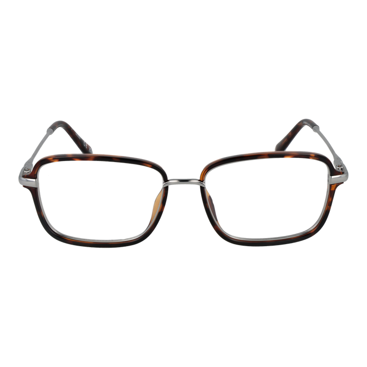 Unisex tortoise shell square eyeglasses with thin silver metal temples and plastic temple tips