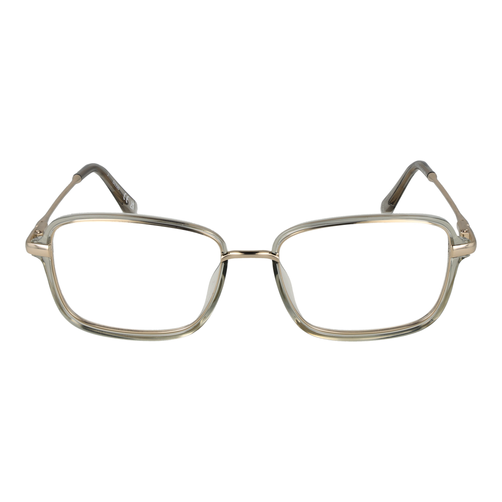 Unisex transparent beige rectangular eyeglasses with thin gold metal temples and plastic temple tips on white background