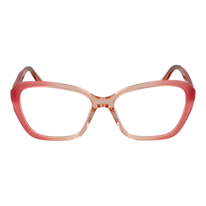 Pink gradient cat-eye eyeglasses in plastic with gold temple symbols on a clean white background