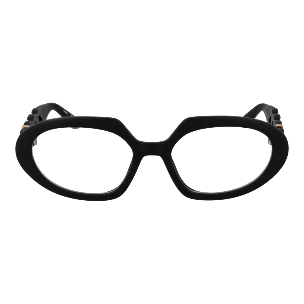 Black oval eyeglasses for Women with plastic frame, chain-link gold-accent temples, front and side profile