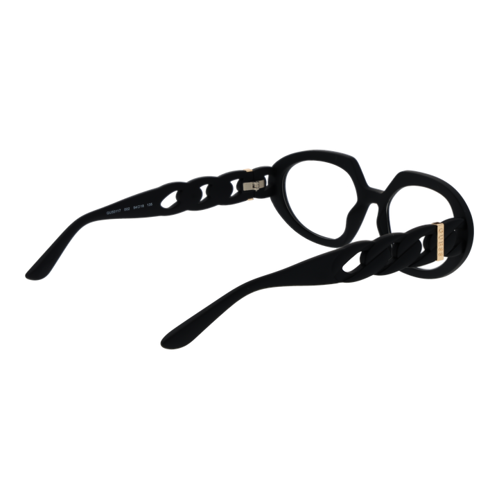 Black oval eyeglasses for Women with plastic frame, chain-link gold-accent temples, front and side profile