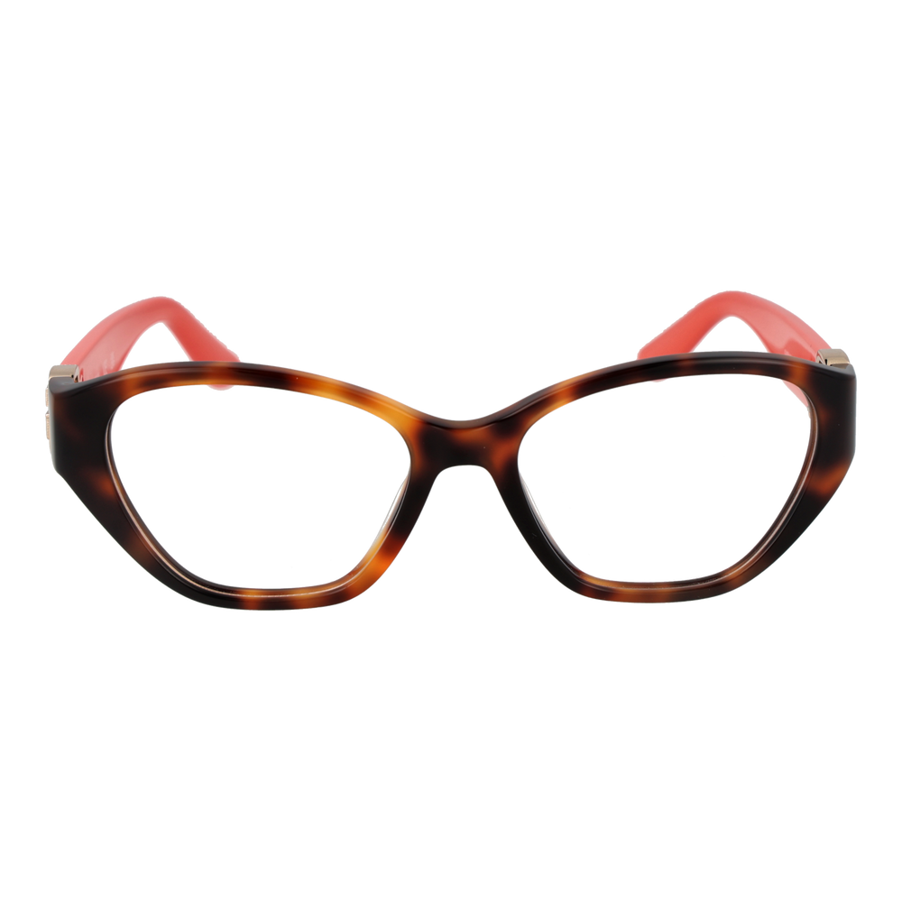 Tortoise shell brown and red cat-eye eyeglasses with gold emblem on temples, plastic frame for Women