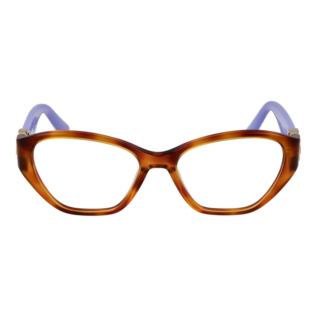 Brown and purple plastic cat-eye eyeglasses with gold &