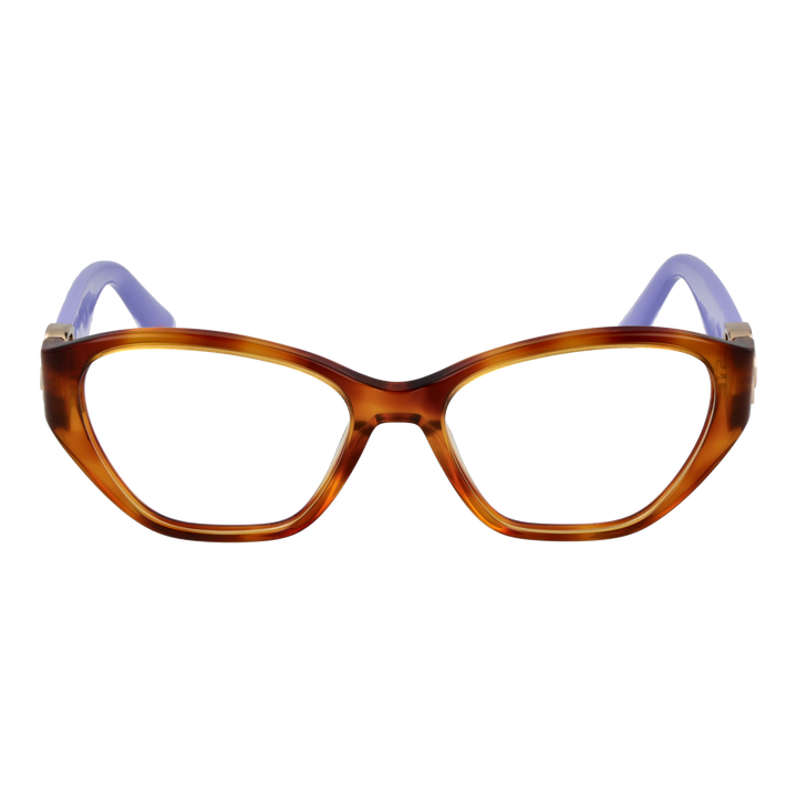 Brown and purple plastic cat-eye eyeglasses with gold &