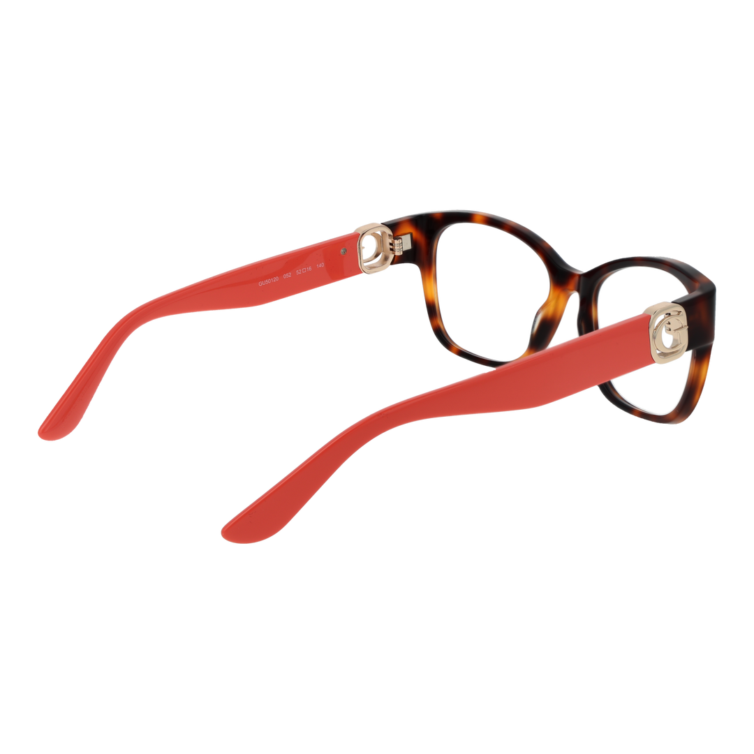 Tortoiseshell square eyeglasses in brown-orange with red arms and gold temple emblem on white background