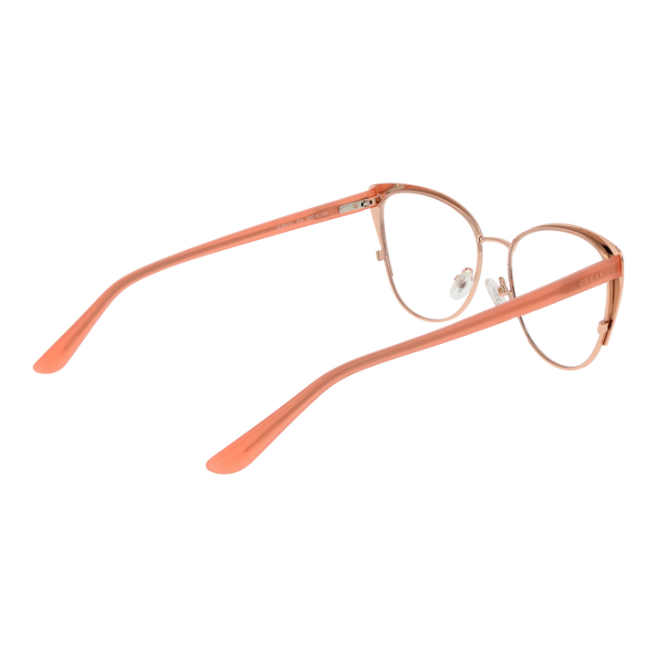 Red patterned cat-eye eyeglasses with rose-gold temples and adjustable nose pads on white background