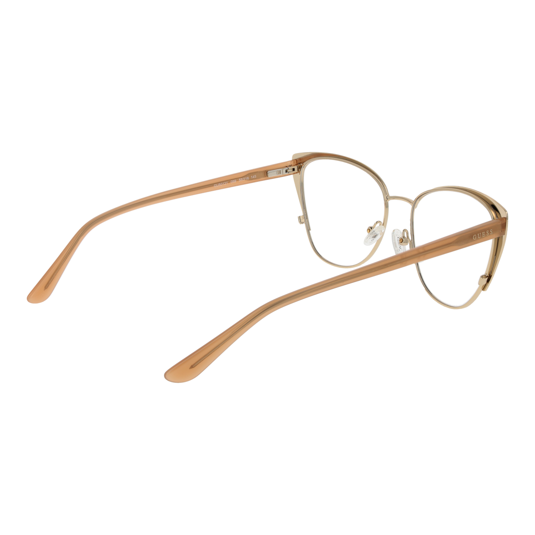 Brown patterned cat-eye eyeglasses with gold metal temples and clear nose pads for Women, front three-quarter view