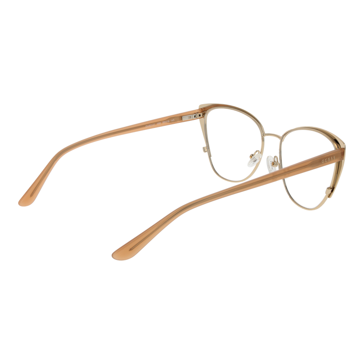 Brown patterned cat-eye eyeglasses with gold metal temples and clear nose pads for Women, front three-quarter view