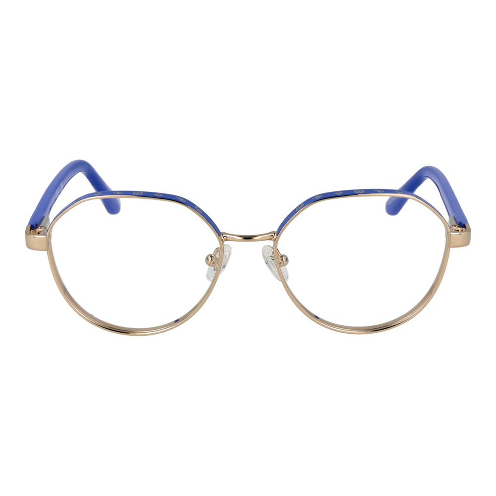 Unisex gold metal round eyeglasses with blue lenses and decorative symbols on upper frame, plastic temple tips, nose pads