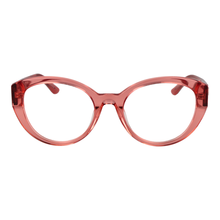 Transparent pink cat-eye eyeglasses with snake-skin patterned temples and small gold emblem