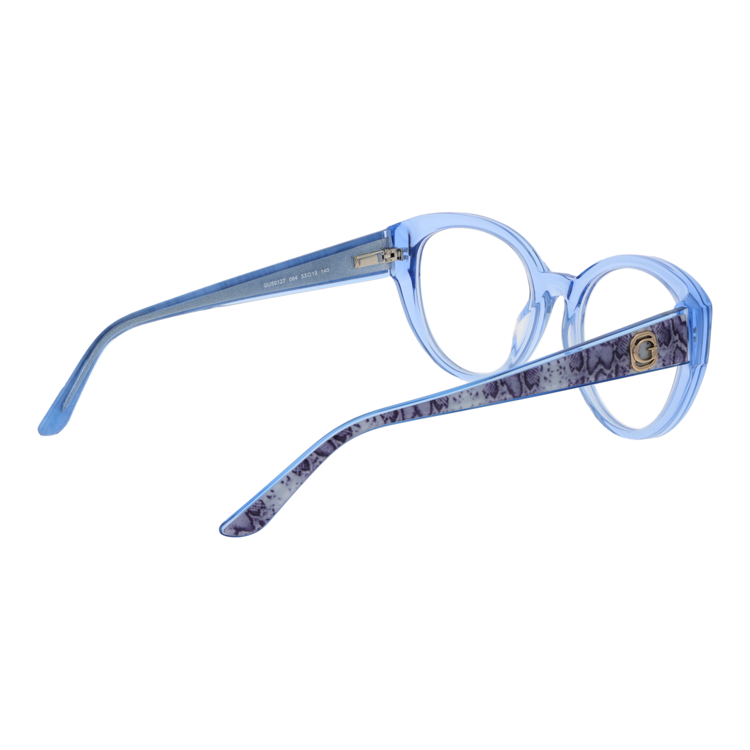 Light blue transparent round eyeglasses with patterned dark blue and white temples and gold G logo