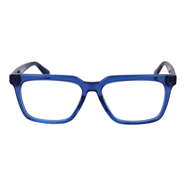Transparent blue plastic rectangular eyeglasses with clear lenses and branded temple detail, front three-quarter view