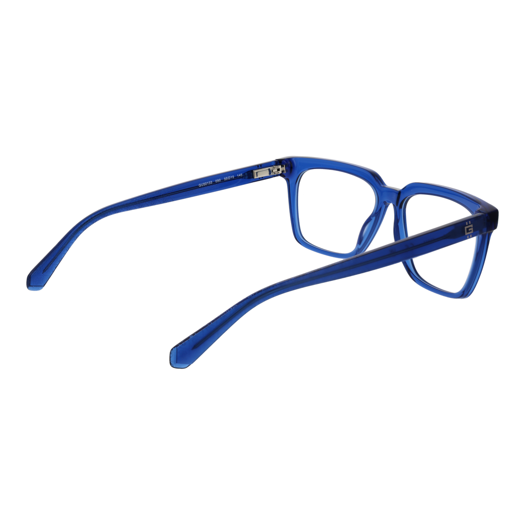 Transparent blue plastic rectangular eyeglasses with clear lenses and branded temple detail, front three-quarter view