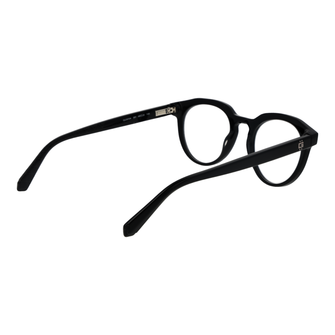 Unisex black plastic round eyeglasses, full-rim frame, temple tips, front view on white background.